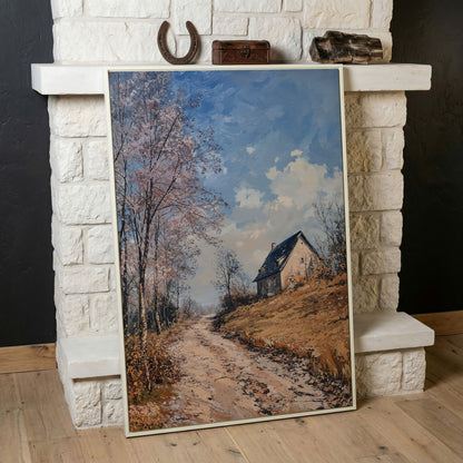 Country Road to Autumn Cottage Canvas in white floating frame