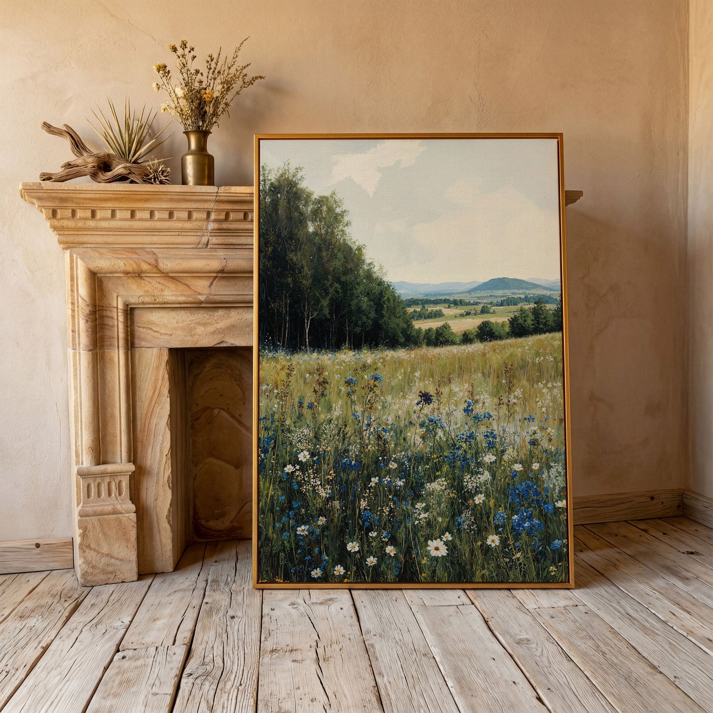Summer Countryside Meadow Canvas in antique gold floating frame