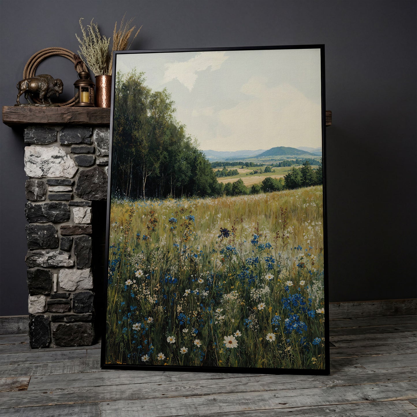 Summer Countryside Meadow Canvas in black floating frame