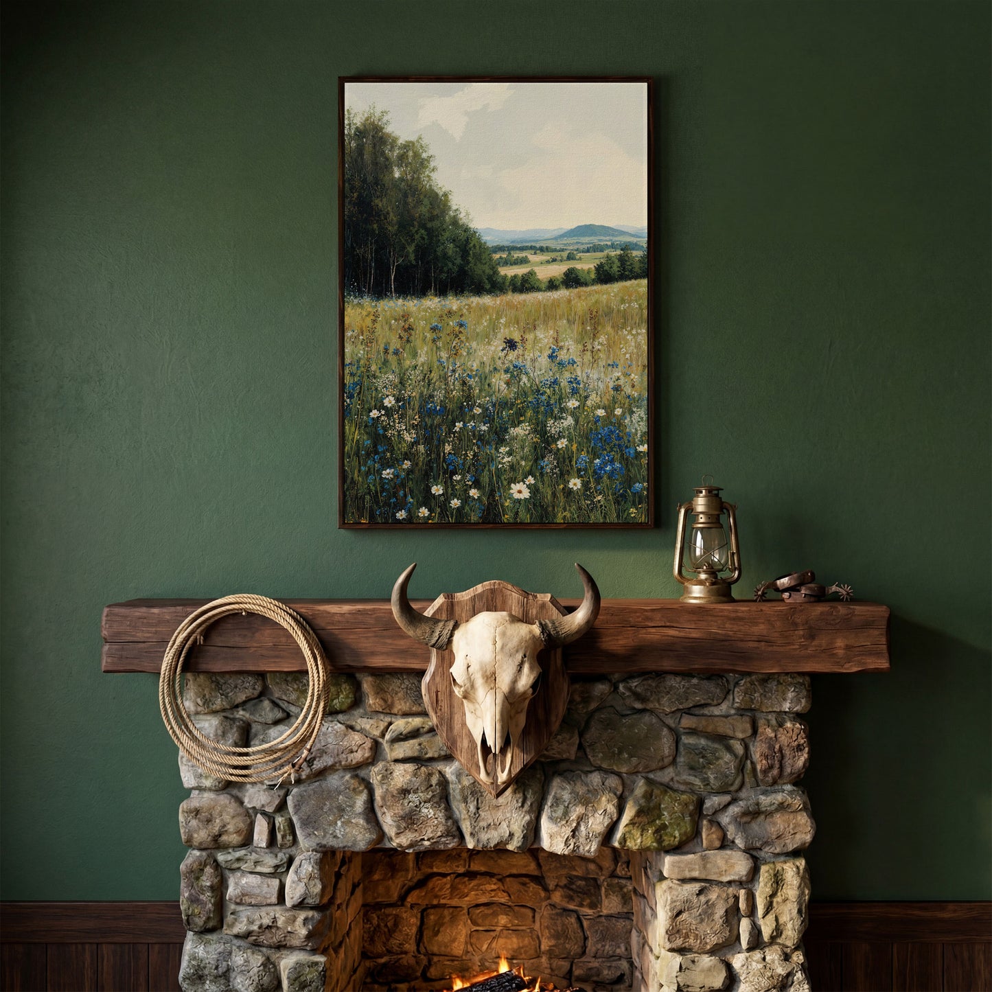 Summer Countryside Meadow Canvas in dark walnut floating frame
