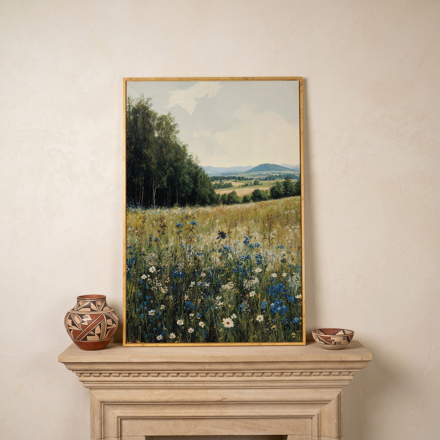 Summer Countryside Meadow Canvas in white oak floating frame