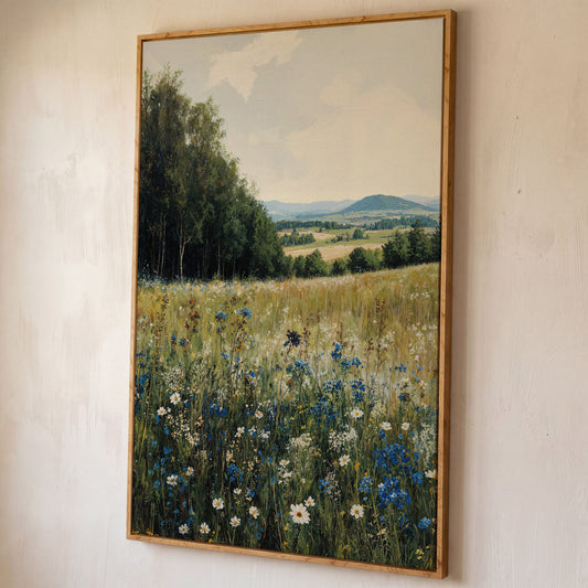 Summer Countryside Meadow Canvas shown in white oak floating frame