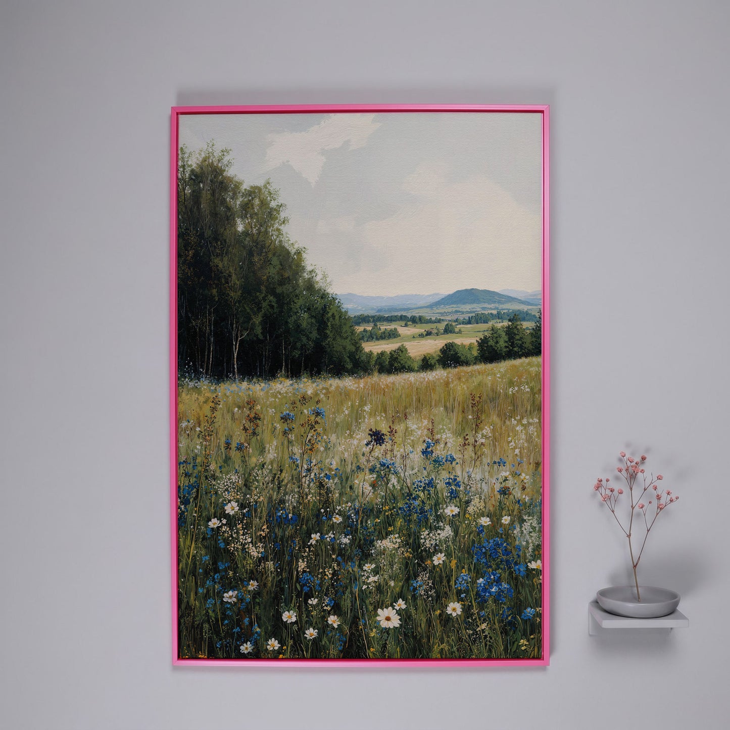 Summer Countryside Meadow Canvas in pink floating frame