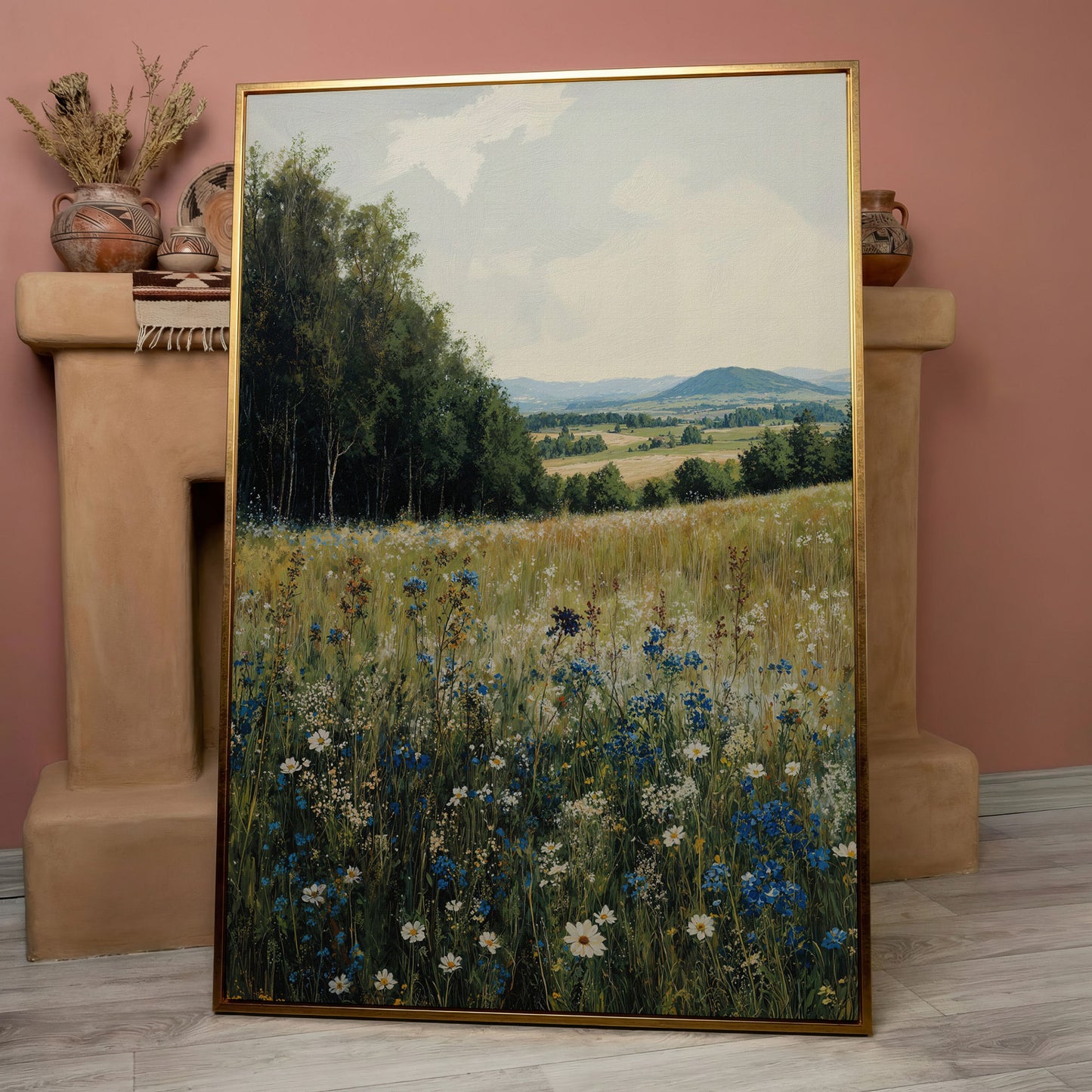Summer Countryside Meadow Canvas in rose gold floating frame