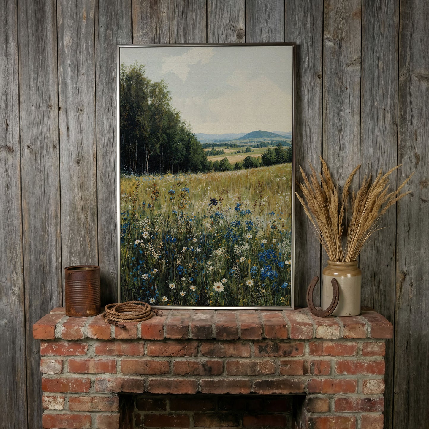 Summer Countryside Meadow Canvas in silver floating frame