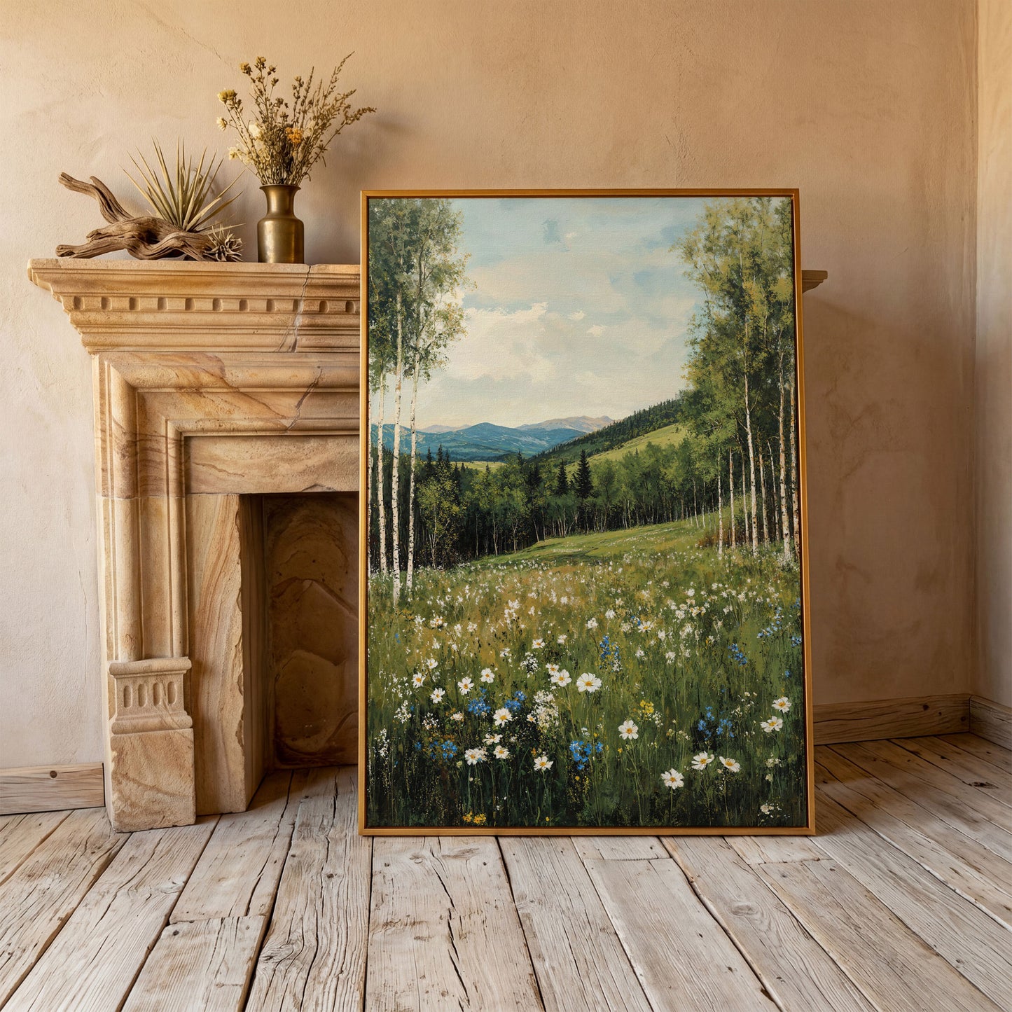 Birch Trees and Wildflower Meadow Canvas in antique gold floating frame
