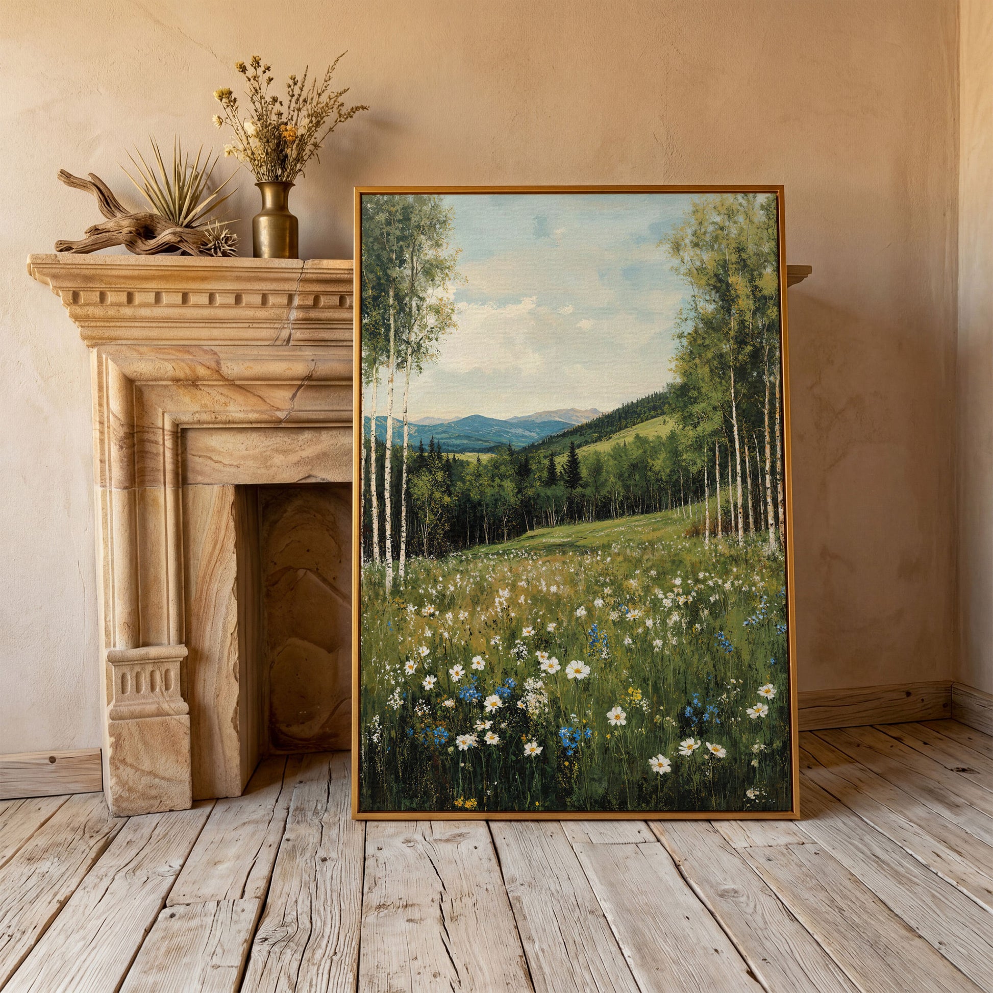 Birch Trees and Wildflower Meadow Canvas in antique gold floating frame