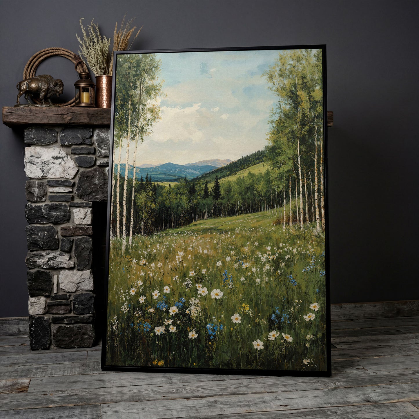 Birch Trees and Wildflower Meadow Canvas in black floating frame