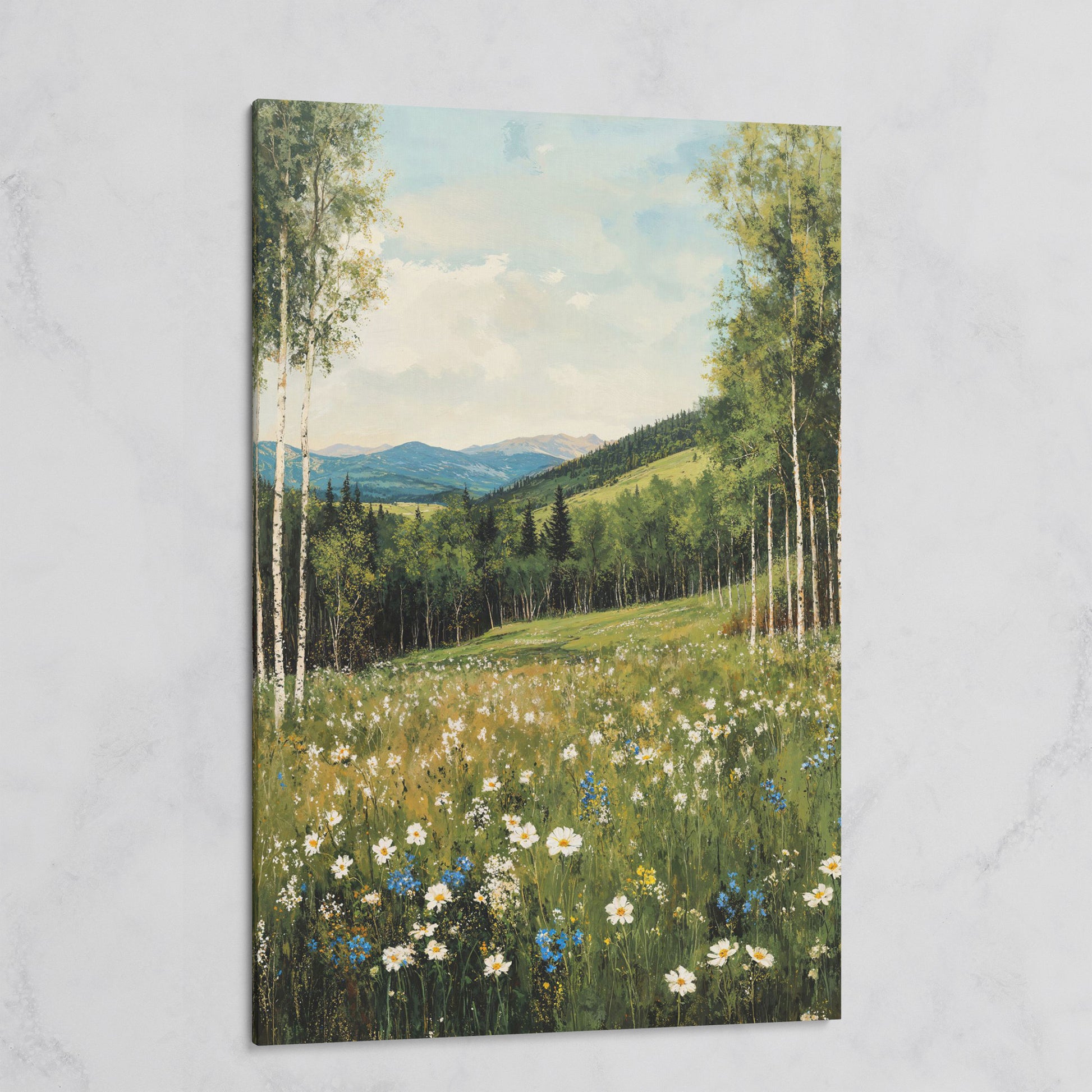 Birch Trees and Wildflower Meadow Canvas on gallery wrap