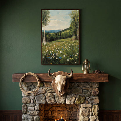 Birch Trees and Wildflower Meadow Canvas in dark walnut floating frame