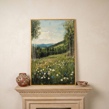 Birch Trees and Wildflower Meadow Canvas in white oak floating frame