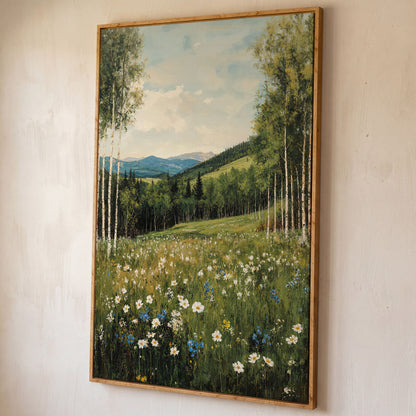 Birch Trees and Wildflower Meadow Canvas shown in white oak floating frame