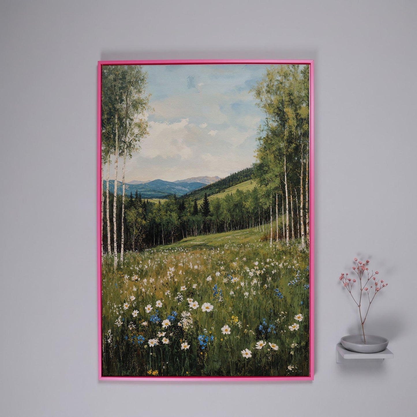 Birch Trees and Wildflower Meadow Canvas in pink floating frame
