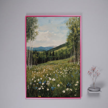 Birch Trees and Wildflower Meadow Canvas in pink floating frame