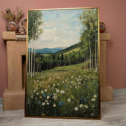 Birch Trees and Wildflower Meadow Canvas in rose gold floating frame