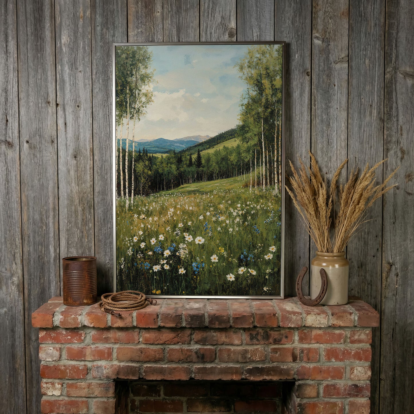 Birch Trees and Wildflower Meadow Canvas in silver floating frame
