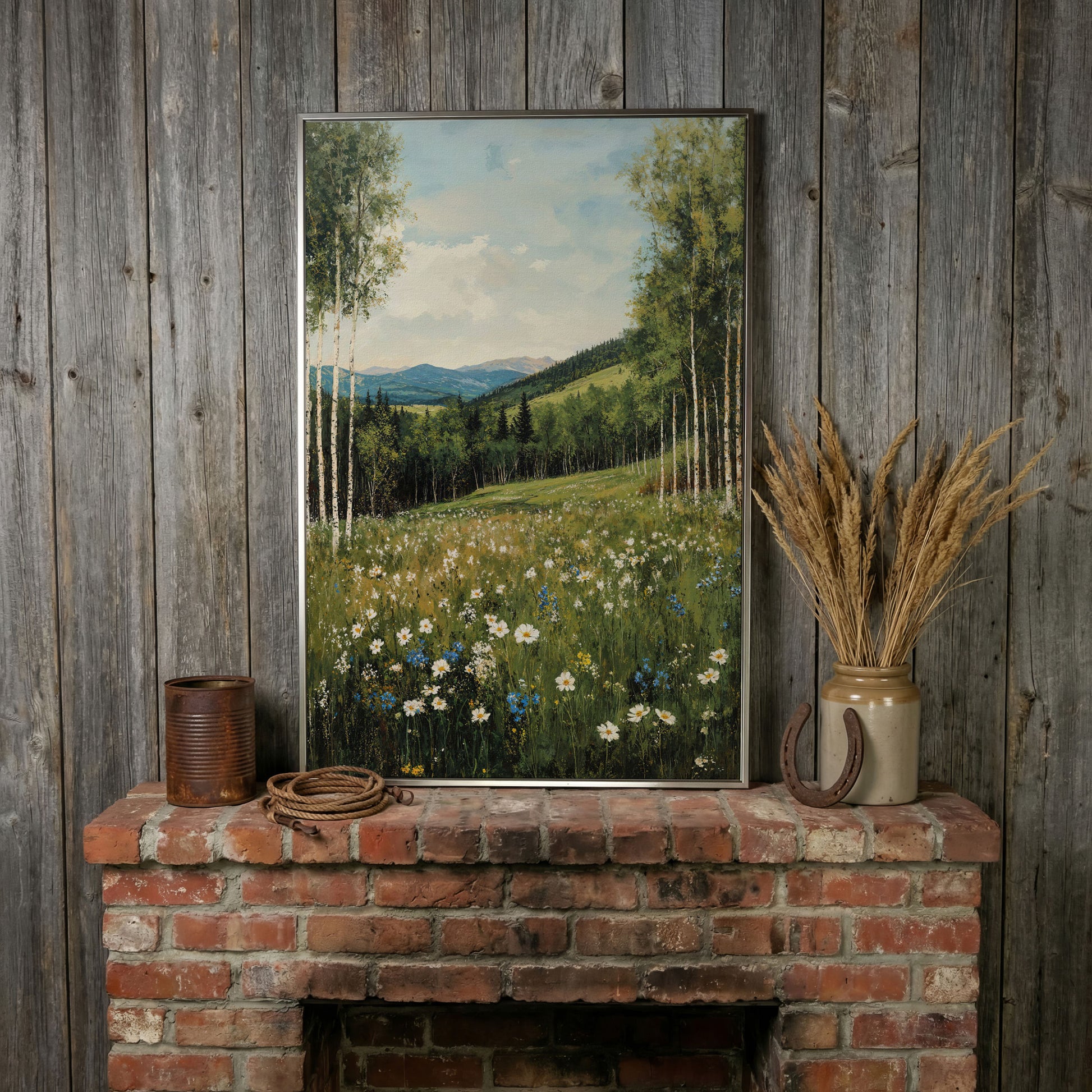 Birch Trees and Wildflower Meadow Canvas in silver floating frame