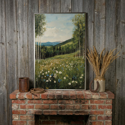 Birch Trees and Wildflower Meadow Canvas in silver floating frame
