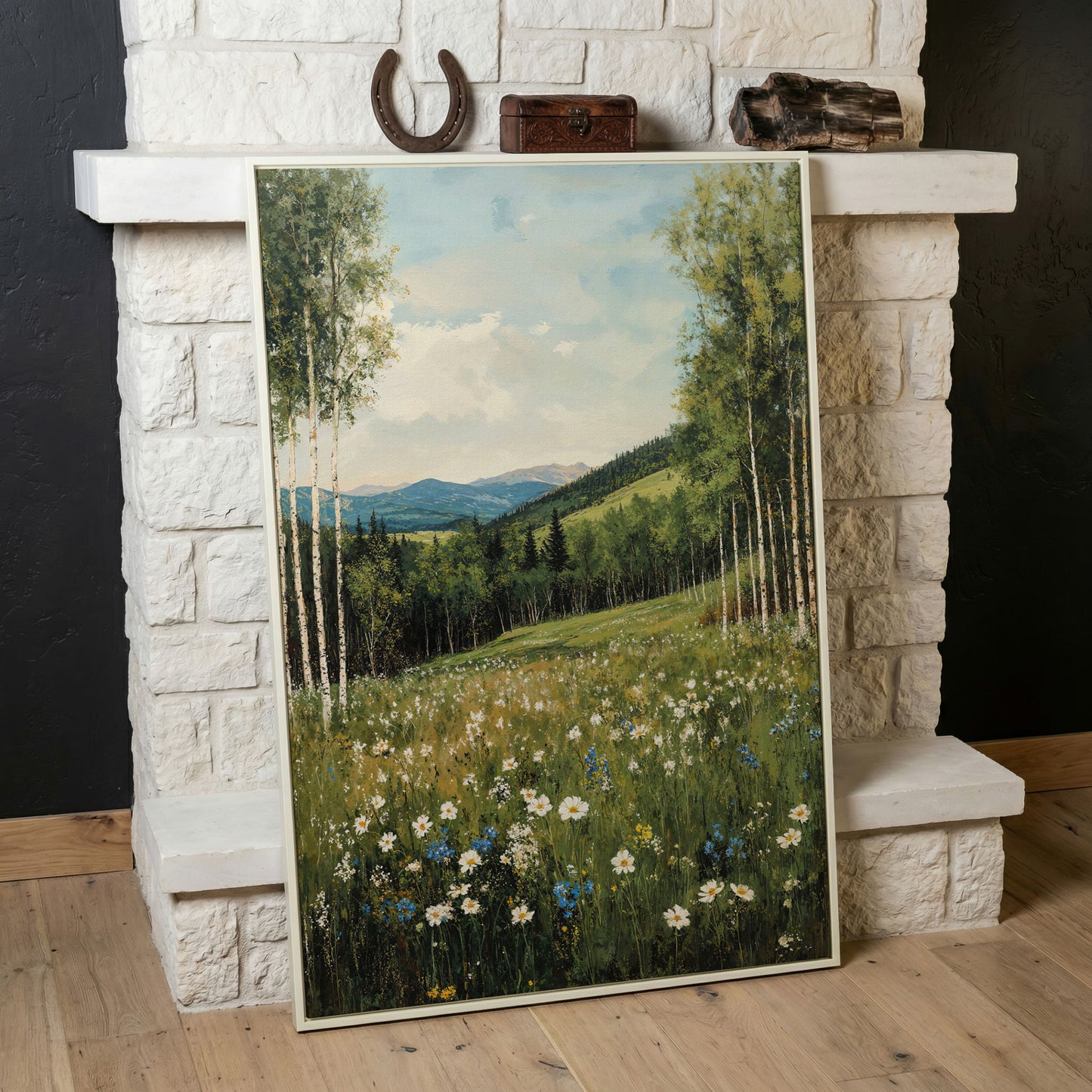 Birch Trees and Wildflower Meadow Canvas in white floating frame