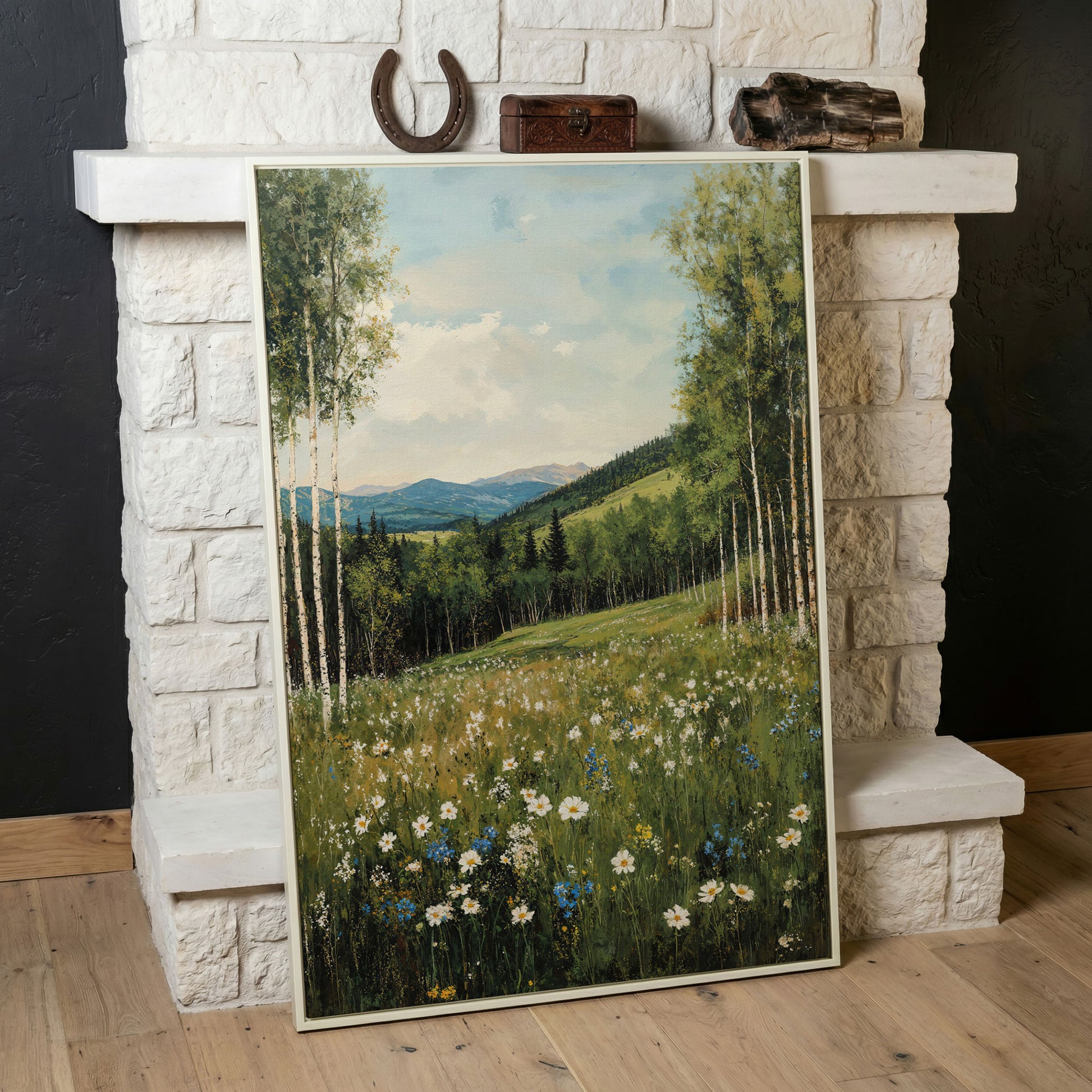 Birch Trees and Wildflower Meadow Canvas in white floating frame