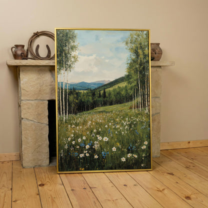 Birch Trees and Wildflower Meadow Canvas in yellow gold floating frame