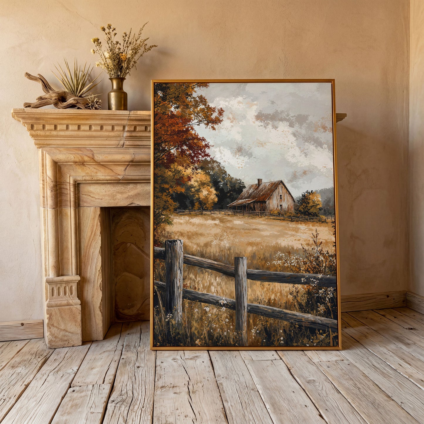Old Barn in Autumn Countryside Canvas in antique gold floating frame