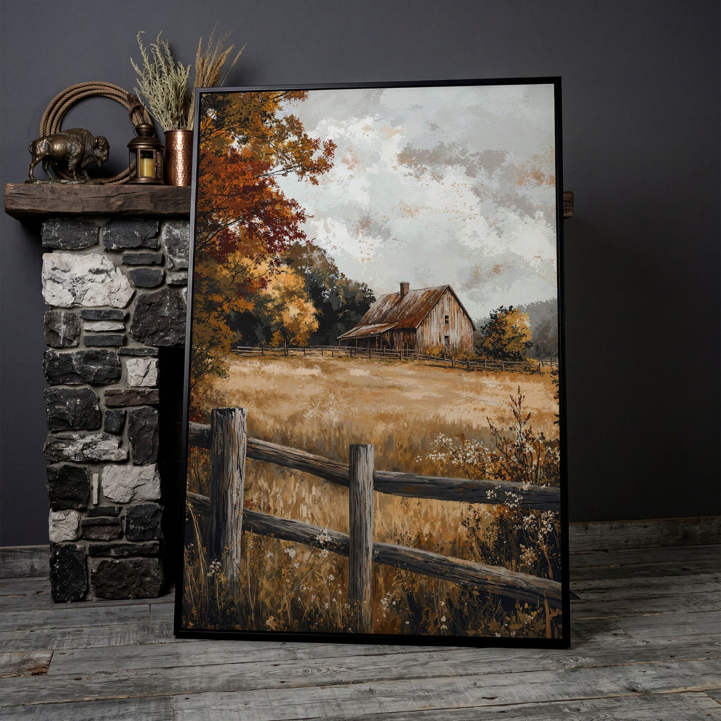Old Barn in Autumn Countryside Canvas in black floating frame