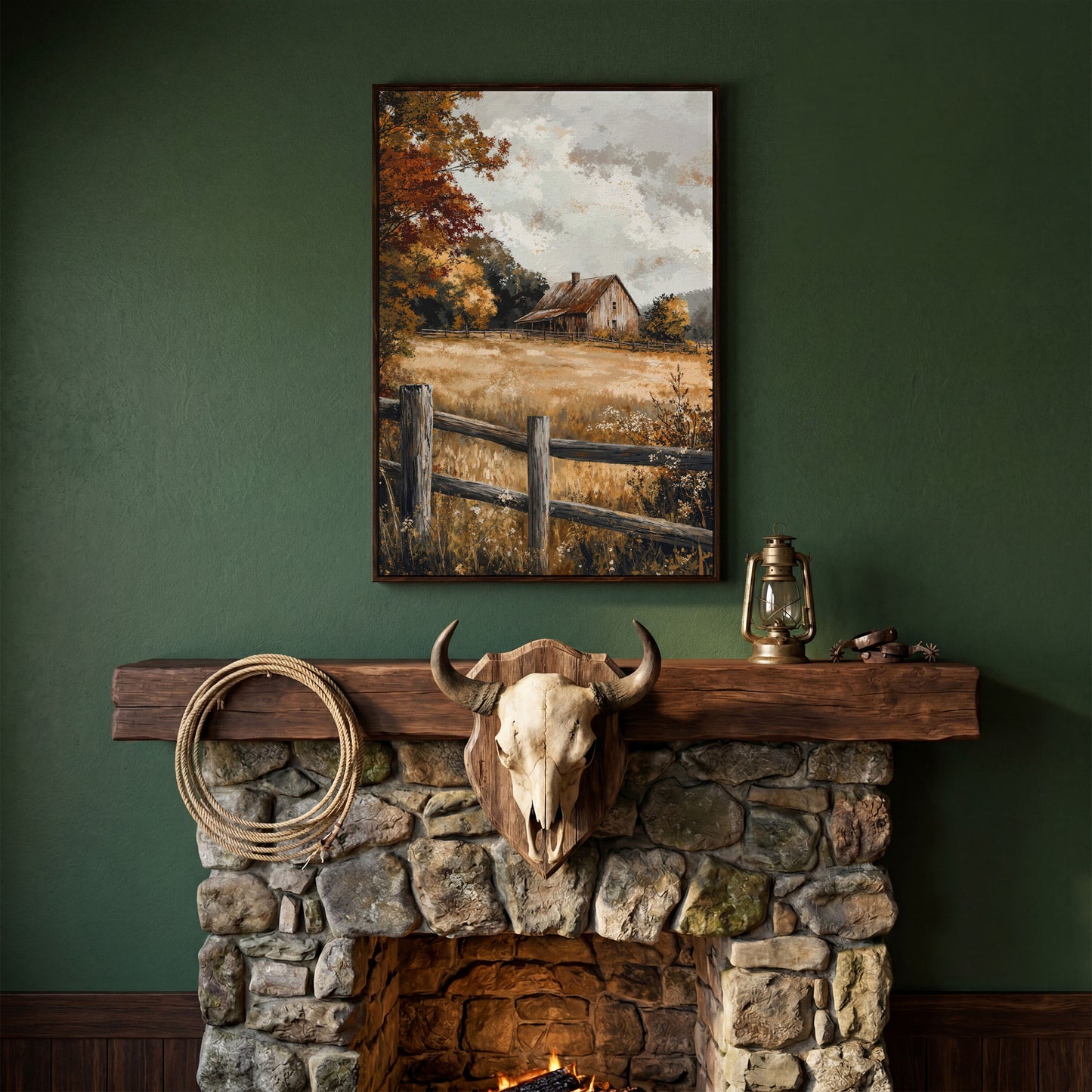 Old Barn in Autumn Countryside Canvas in dark walnut floating frame