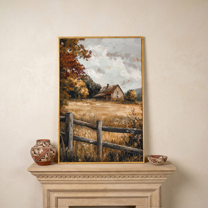 Old Barn in Autumn Countryside Canvas in white oak floating frame