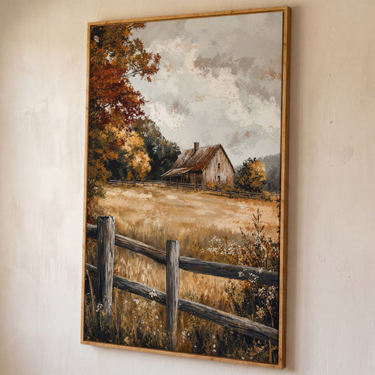 Old Barn in Autumn Countryside Canvas shown in white oak floating frame