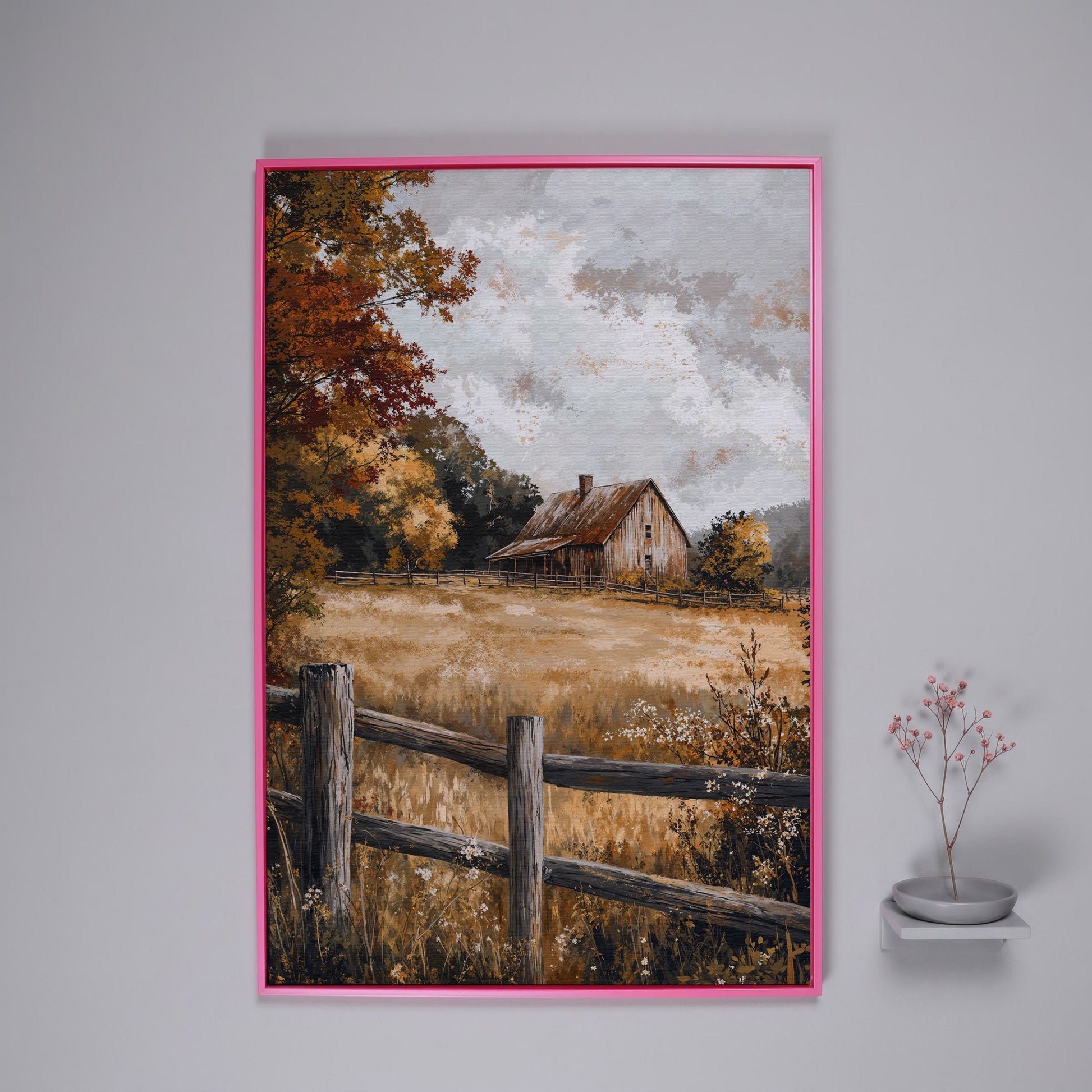 Old Barn in Autumn Countryside Canvas in pink floating frame