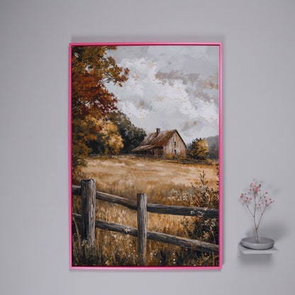 Old Barn in Autumn Countryside Canvas in pink floating frame