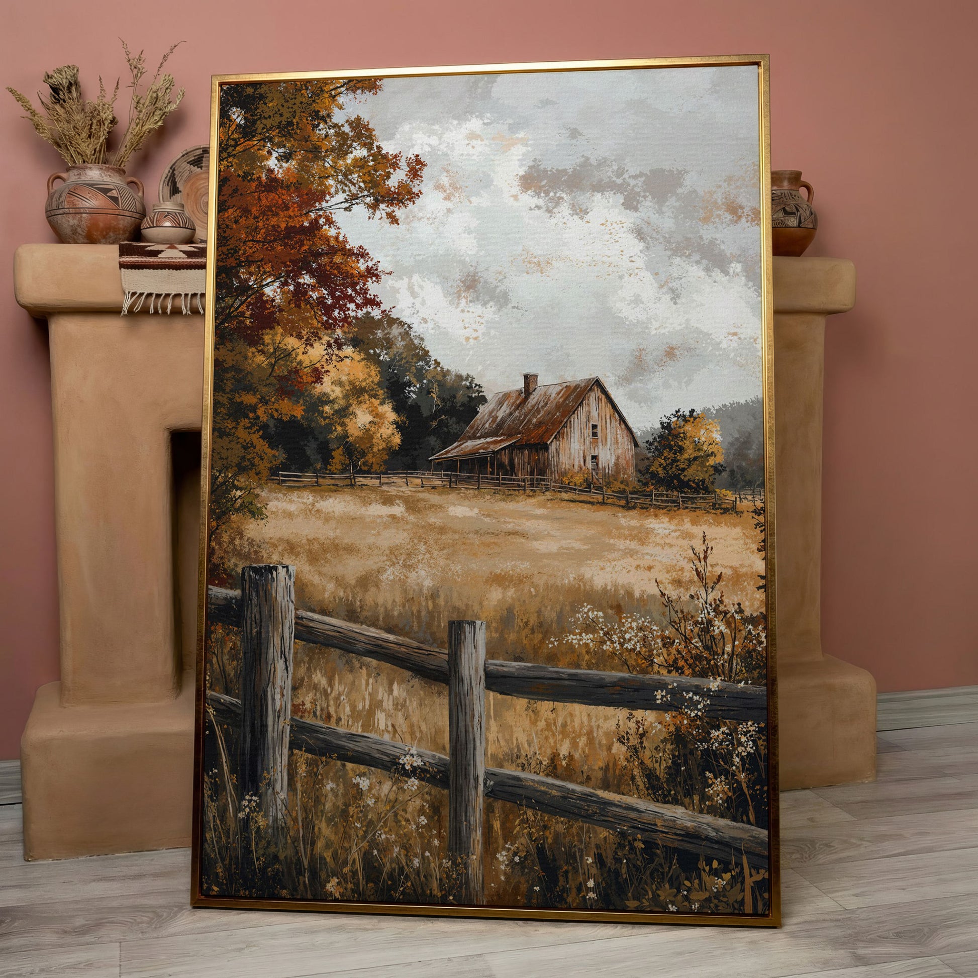 Old Barn in Autumn Countryside Canvas in rose gold floating frame