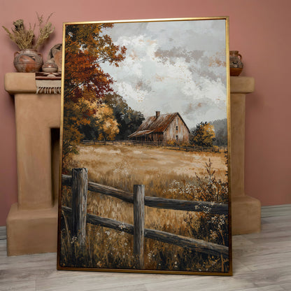 Old Barn in Autumn Countryside Canvas in rose gold floating frame