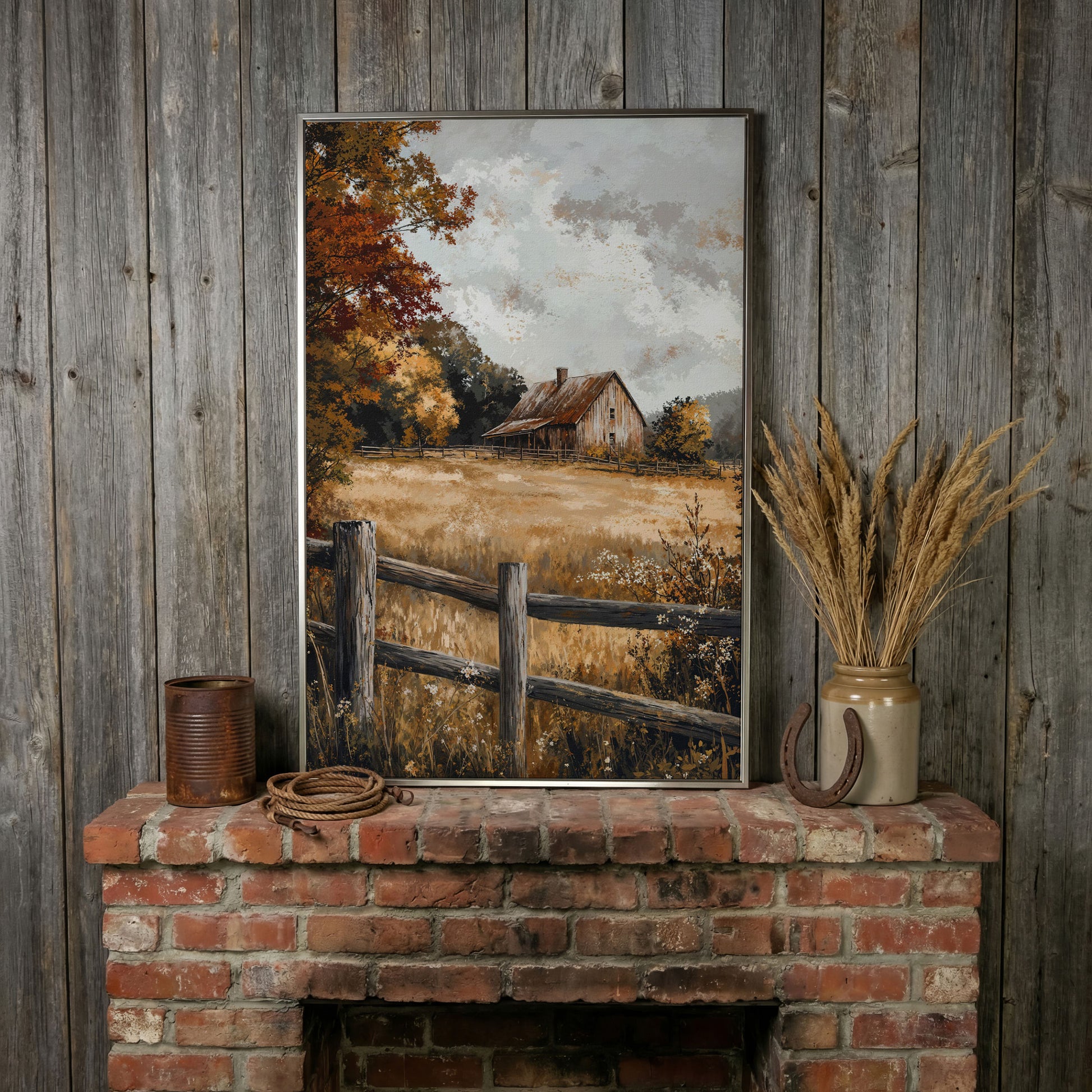 Old Barn in Autumn Countryside Canvas in silver floating frame