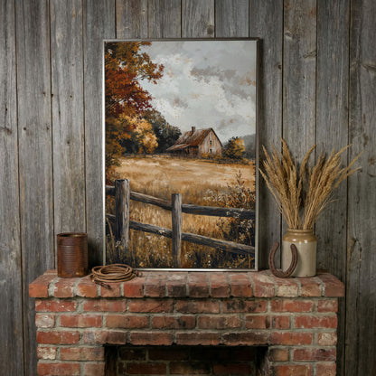 Old Barn in Autumn Countryside Canvas in silver floating frame