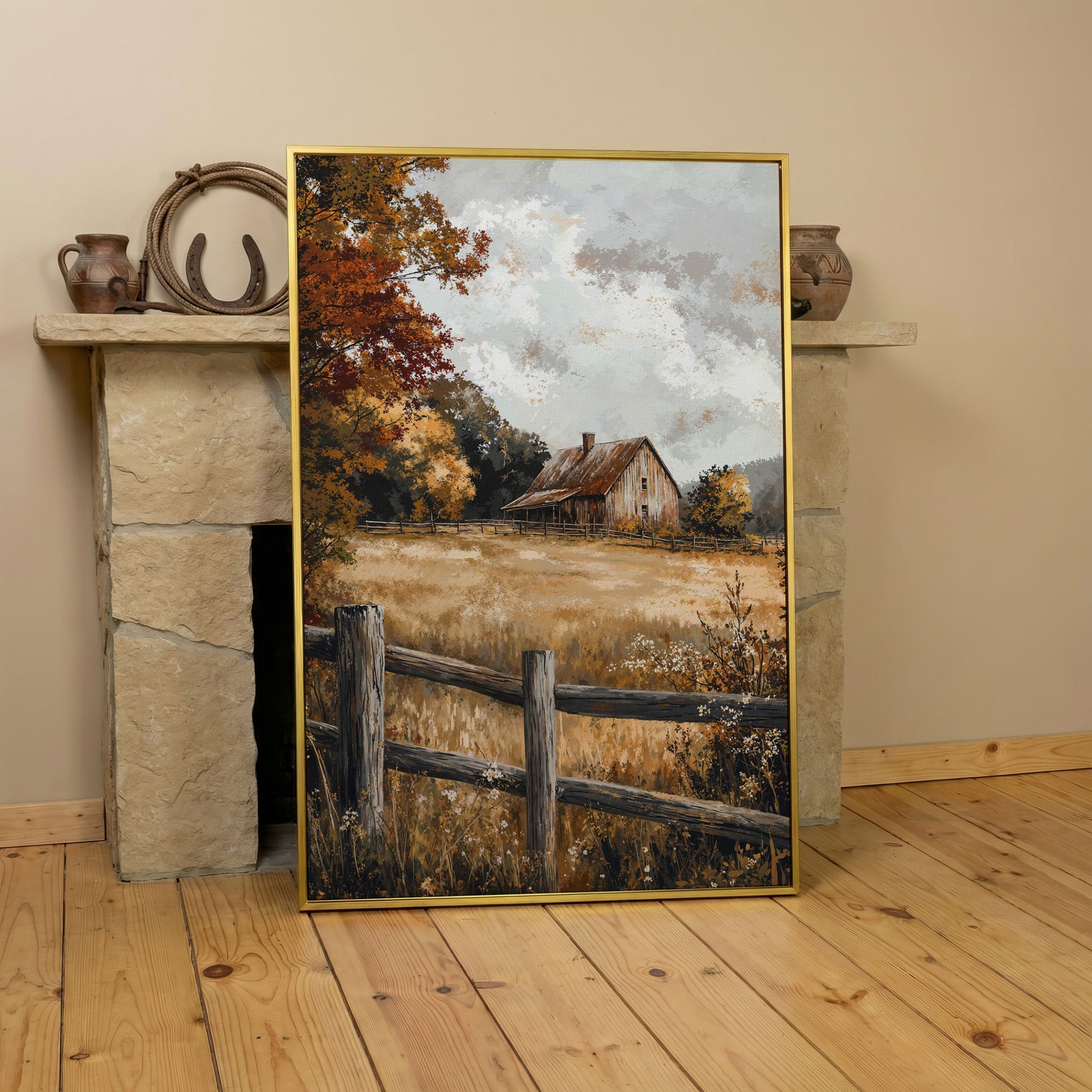 Old Barn in Autumn Countryside Canvas in yellow gold floating frame