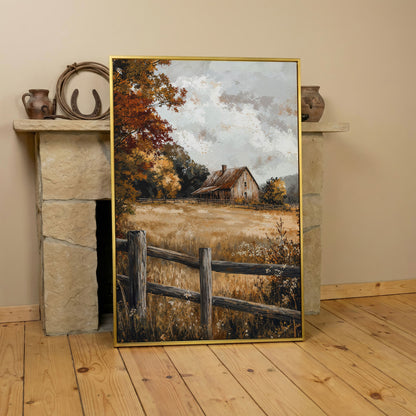 Old Barn in Autumn Countryside Canvas in yellow gold floating frame