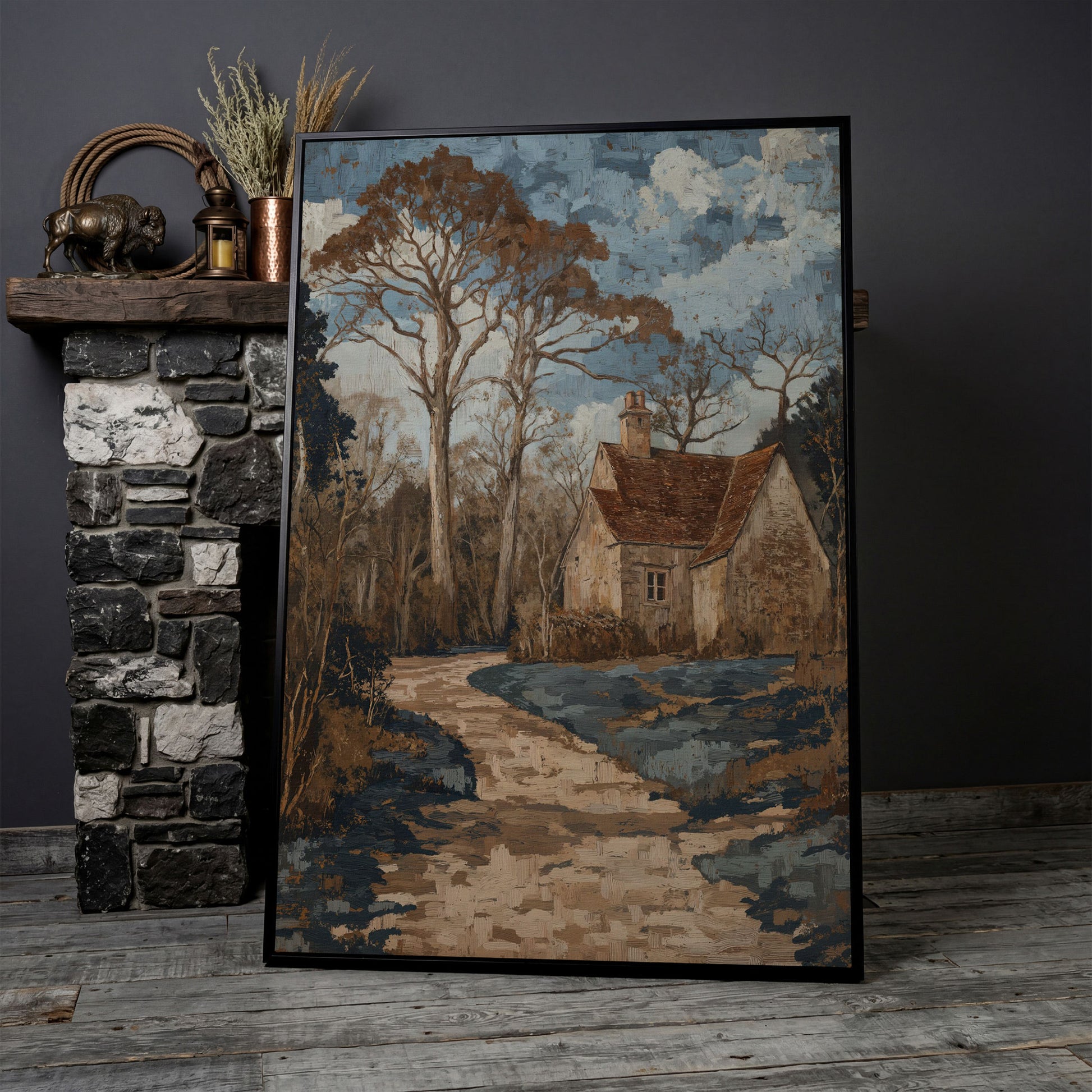 Country Cottage Woodland Path Canvas in black floating frame