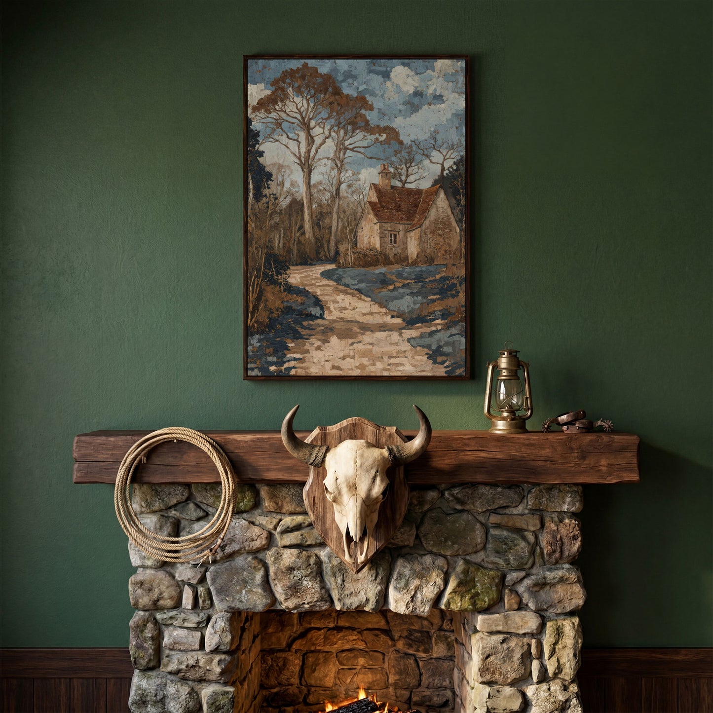 Country Cottage Woodland Path Canvas in dark walnut floating frame