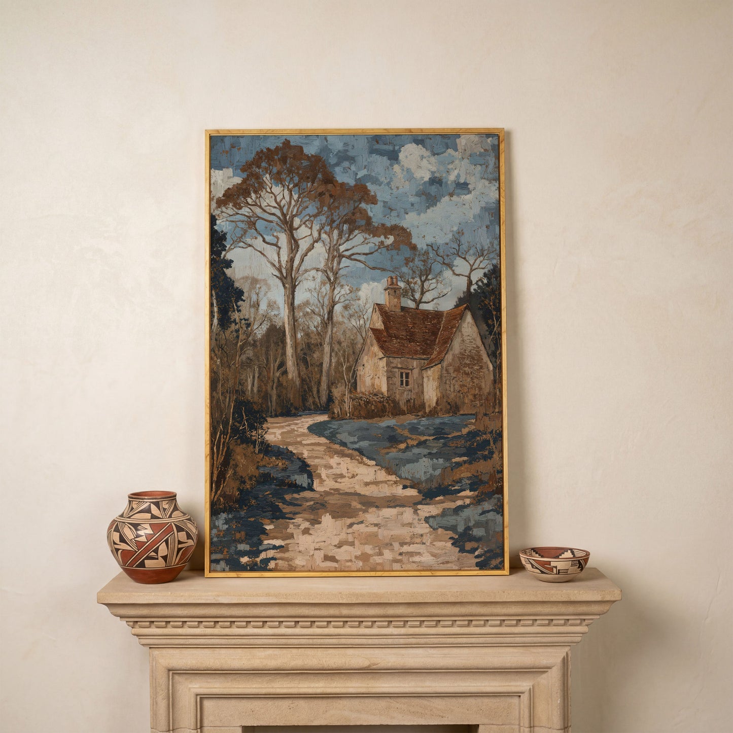 Country Cottage Woodland Path Canvas in white oak floating frame