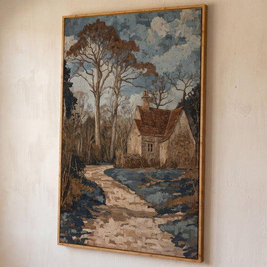 Country Cottage Woodland Path Canvas shown in white oak floating frame