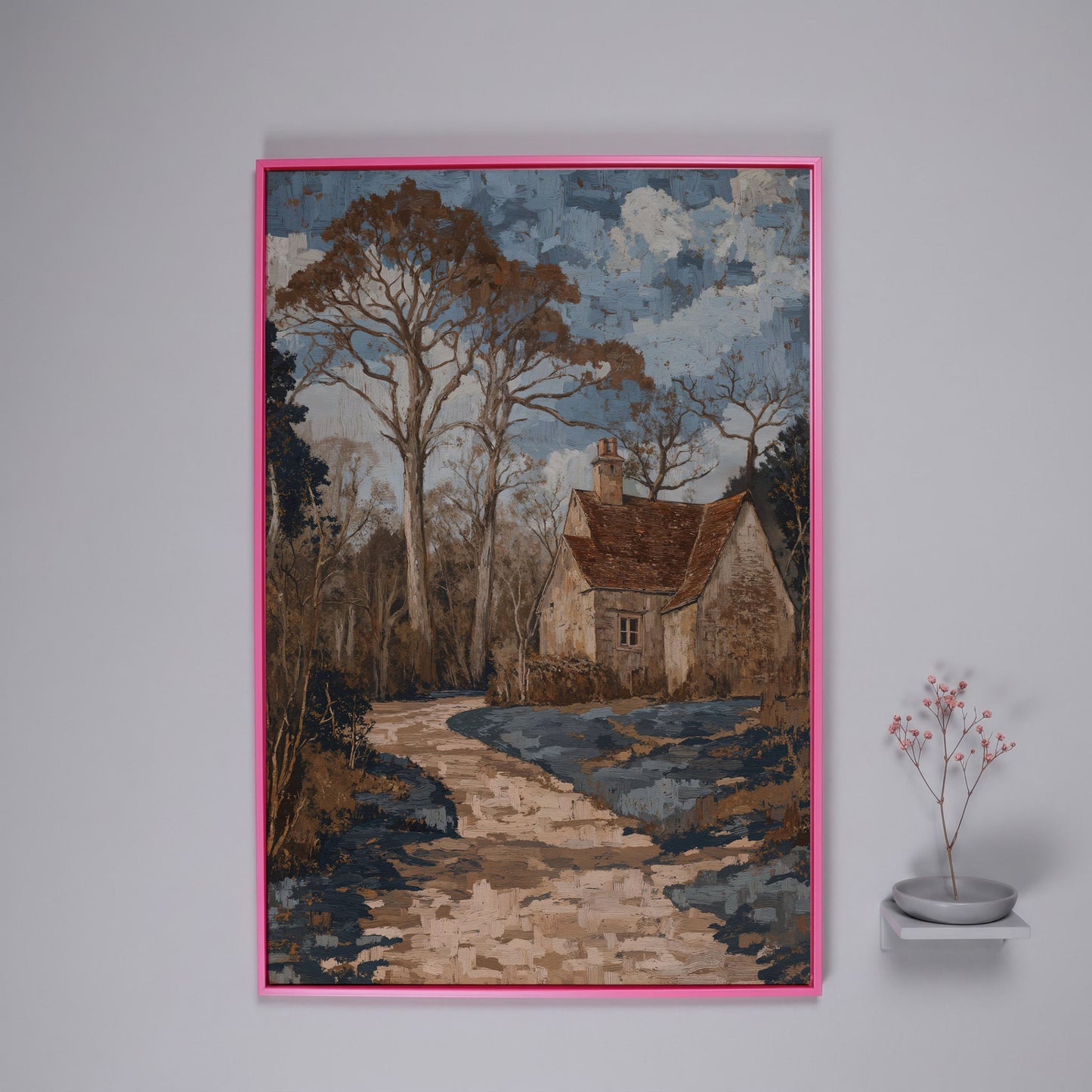 Country Cottage Woodland Path Canvas in pink floating frame