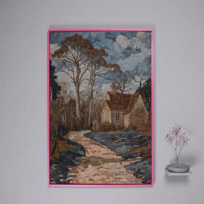 Country Cottage Woodland Path Canvas in pink floating frame