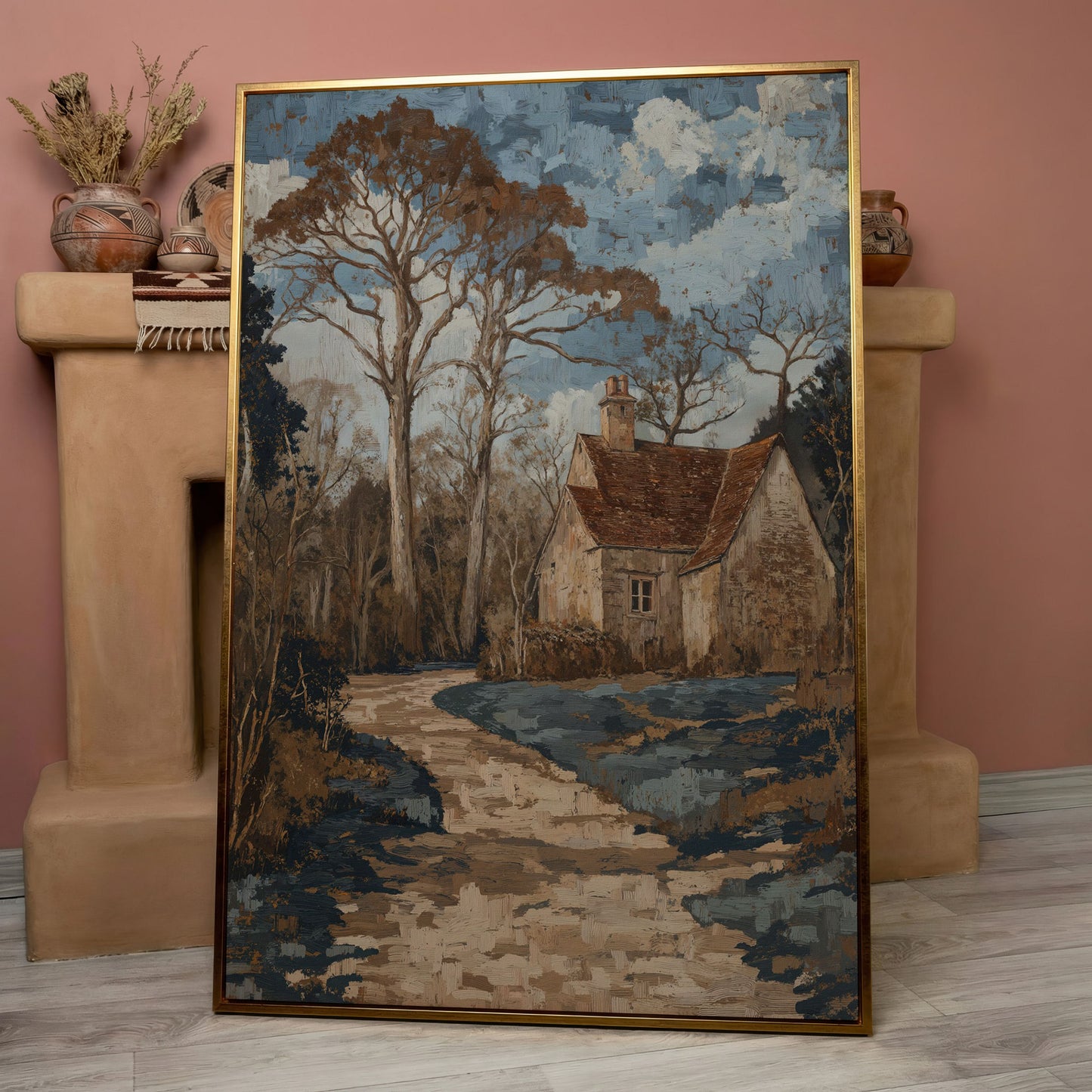 Country Cottage Woodland Path Canvas in rose gold floating frame
