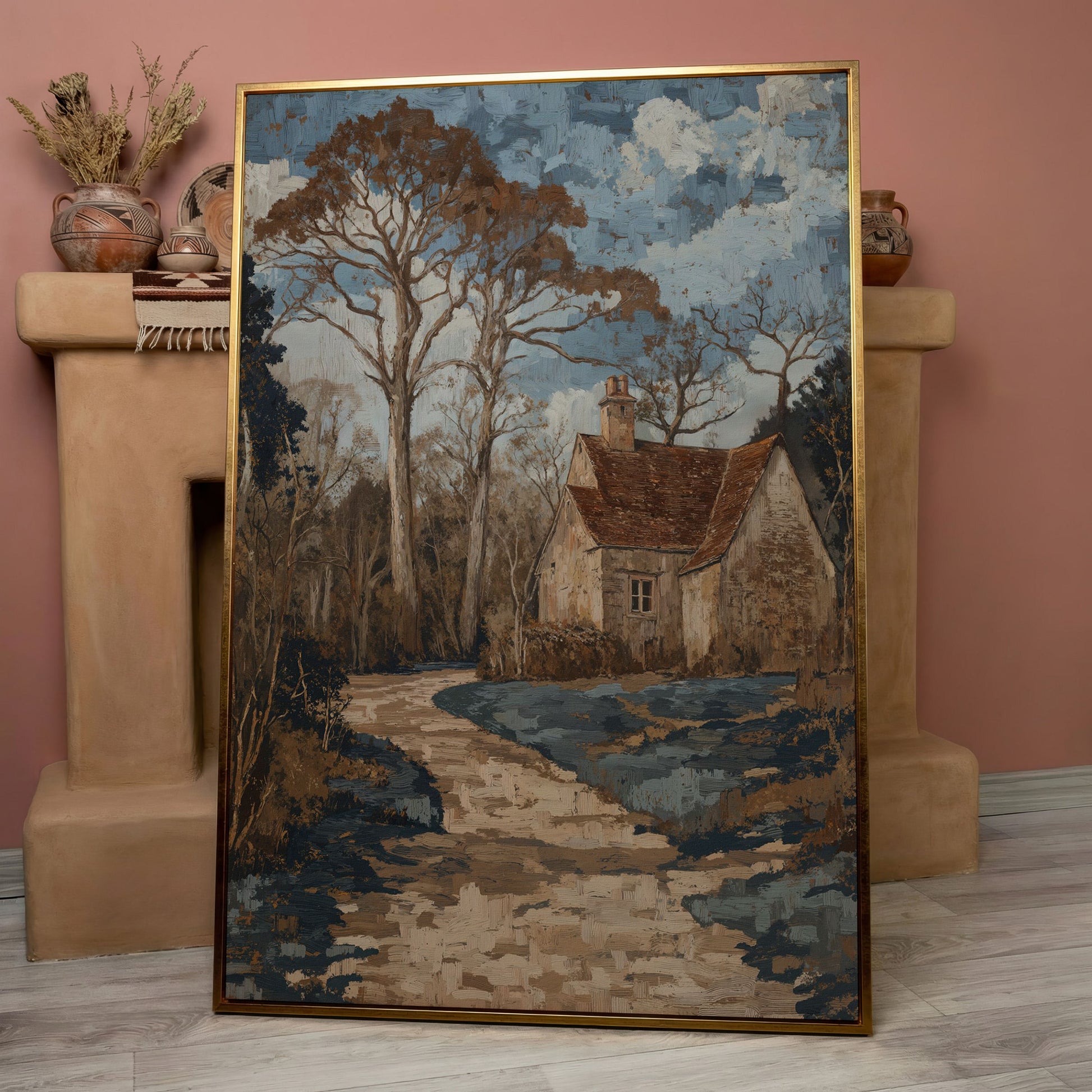 Country Cottage Woodland Path Canvas in rose gold floating frame