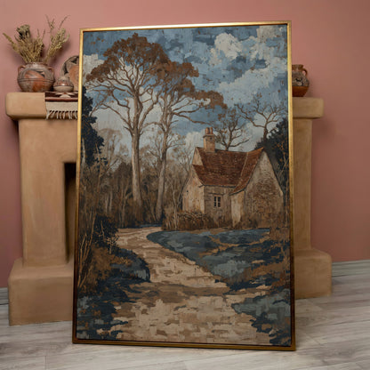 Country Cottage Woodland Path Canvas in rose gold floating frame