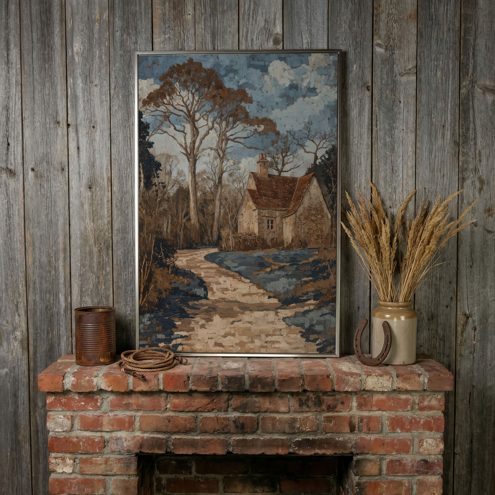 Country Cottage Woodland Path Canvas in silver floating frame