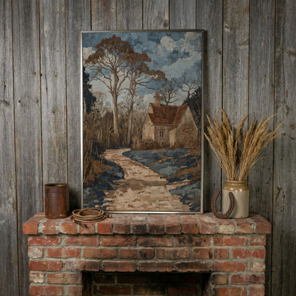 Country Cottage Woodland Path Canvas in silver floating frame