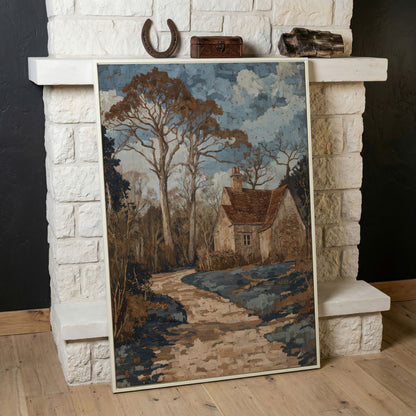 Country Cottage Woodland Path Canvas in white floating frame